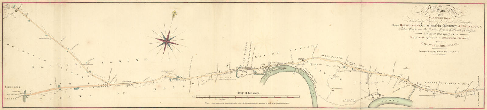 Plan of the turnpike road from… Kensington through Hammersmith… Potter 1814 map